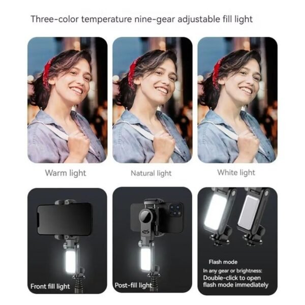 2025/01/1001704010.jpg Q18 Desktop Gimbal Selfie Stick Tripod Stabilizer With Fill Light Remote Following Foldable For iOs & Android Live Broadcast