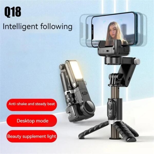 2025/01/1001704012.jpg Q18 Desktop Gimbal Selfie Stick Tripod Stabilizer With Fill Light Remote Following Foldable For iOs & Android Live Broadcast