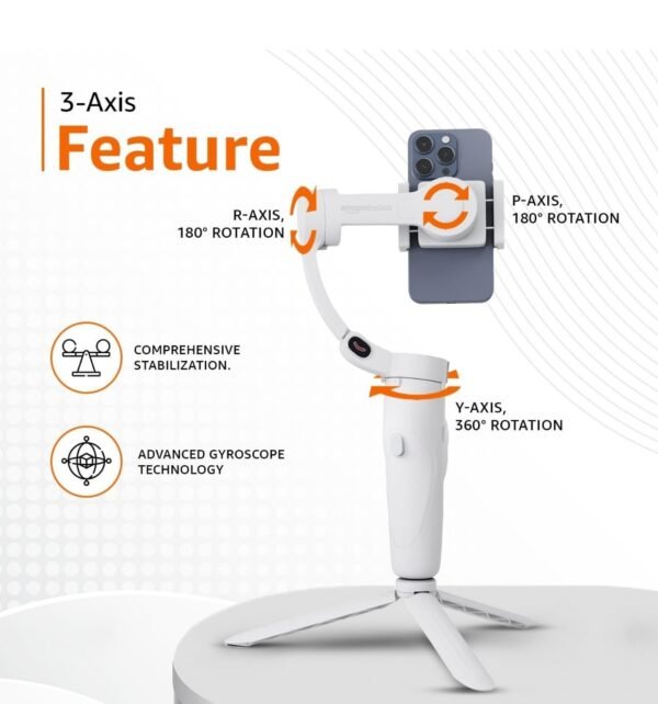 Foldable 3-Axis Gimbal Stabilizer | Advanced Gyroscope | Shake-Free Footage | Object Tracking | Panoramic, Time-Lapse & Slow-Motion | 2500mAh Battery | Ideal for Vlogging & Travel