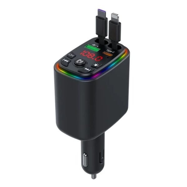 Y9 120W Voltage Display Car Charger MP3 Player with Retractable Type C + iP Cable Bluetooth-Compatible FM Transmitter