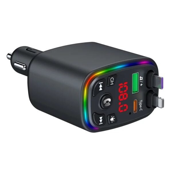 Y9 120W Voltage Display Car Charger MP3 Player with Retractable Type C + iP Cable Bluetooth-Compatible FM Transmitter