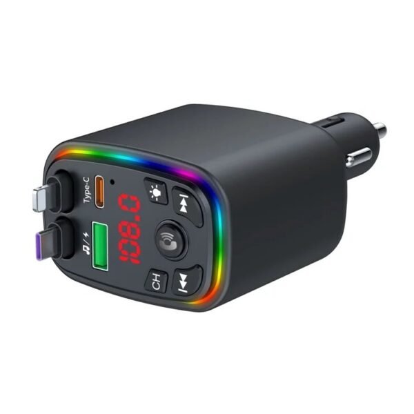 Y9 120W Voltage Display Car Charger MP3 Player with Retractable Type C + iP Cable Bluetooth-Compatible FM Transmitter