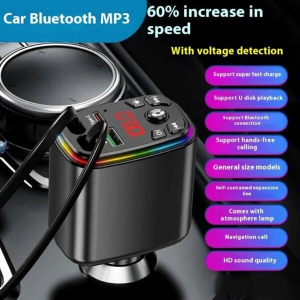 Y9 120W Voltage Display Car Charger MP3 Player with Retractable Type C + iP Cable Bluetooth-Compatible FM Transmitter