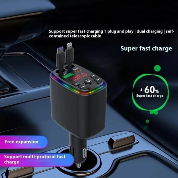 Y9 120W Voltage Display Car Charger MP3 Player with Retractable Type C + iP Cable Bluetooth-Compatible FM Transmitter
