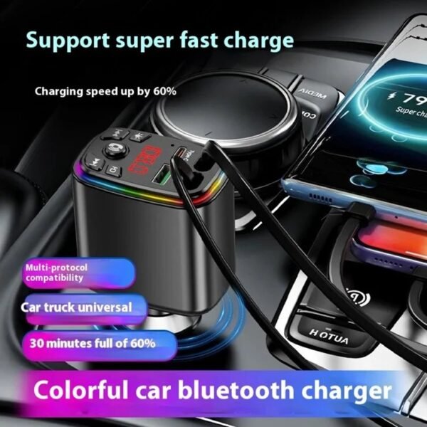 Y9 120W Voltage Display Car Charger MP3 Player with Retractable Type C + iP Cable Bluetooth-Compatible FM Transmitter