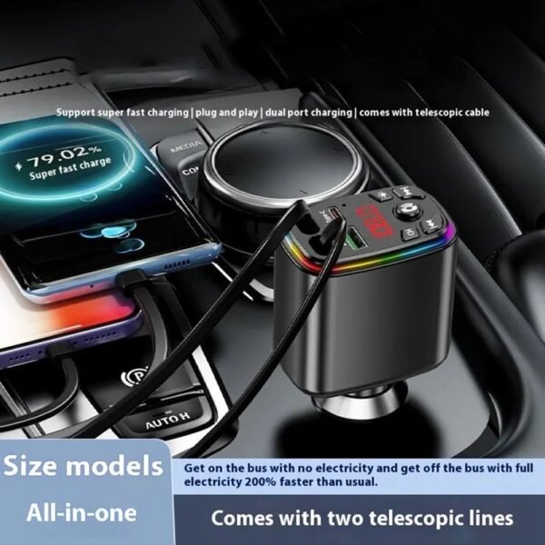 Y9 120W Voltage Display Car Charger MP3 Player with Retractable Type C + iP Cable Bluetooth-Compatible FM Transmitter