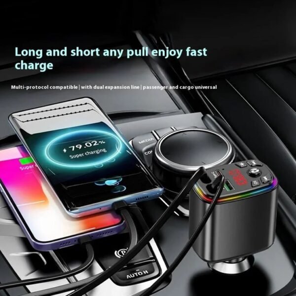 Y9 120W Voltage Display Car Charger MP3 Player with Retractable Type C + iP Cable Bluetooth-Compatible FM Transmitter
