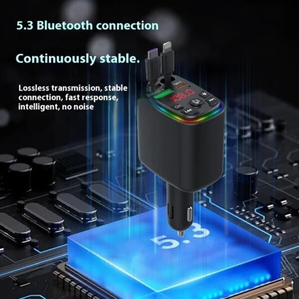 Y9 120W Voltage Display Car Charger MP3 Player with Retractable Type C + iP Cable Bluetooth-Compatible FM Transmitter