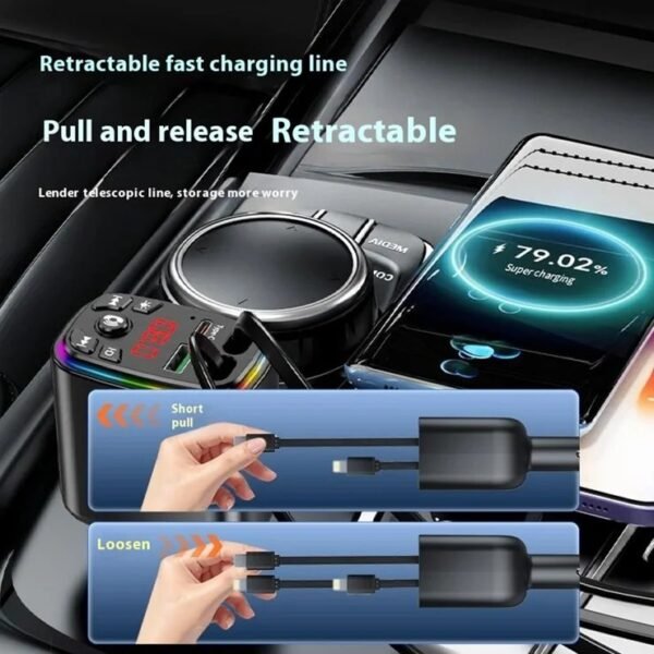 Y9 120W Voltage Display Car Charger MP3 Player with Retractable Type C + iP Cable Bluetooth-Compatible FM Transmitter