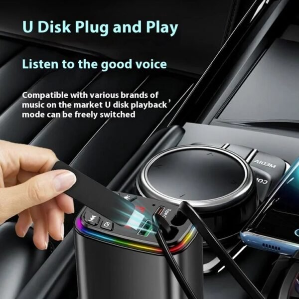 Y9 120W Voltage Display Car Charger MP3 Player with Retractable Type C + iP Cable Bluetooth-Compatible FM Transmitter