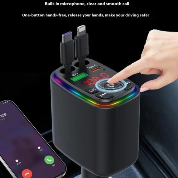 Y9 120W Voltage Display Car Charger MP3 Player with Retractable Type C + iP Cable Bluetooth-Compatible FM Transmitter