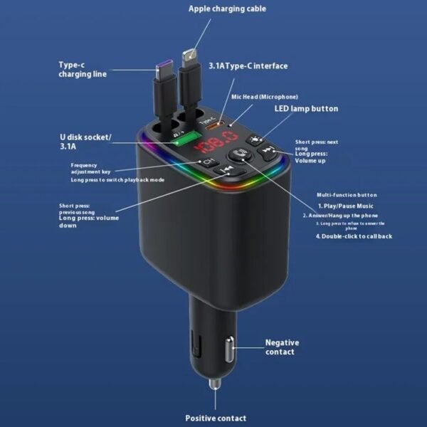 Y9 120W Voltage Display Car Charger MP3 Player with Retractable Type C + iP Cable Bluetooth-Compatible FM Transmitter