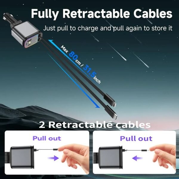 2025/07/1002482687.jpg Fast Car Charger with Starlight, 4 in 1 Retractable Car Charger, 120W USB C Adapter, Cars Accessories with Starlight Roof, 2 USB Ports Phone Cars Chargers Compatible with iPhone and Android