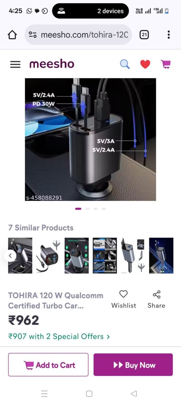 120W Retractable Car Charger 4 in 1 Car Charger Adapter with Retractable Cables and Voltage Display, for 12V / 24V Vehicles, Compatible with i-P-hone, Android, Samsung Galaxy