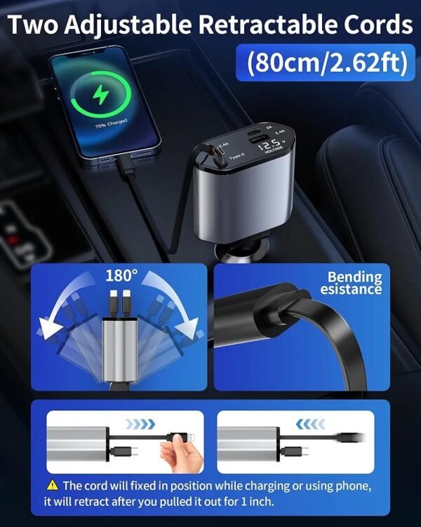 120W Retractable Car Charger 4 in 1 Car Charger Adapter with Retractable Cables and Voltage Display, for 12V / 24V Vehicles, Compatible with i-P-hone, Android, Samsung Galaxy