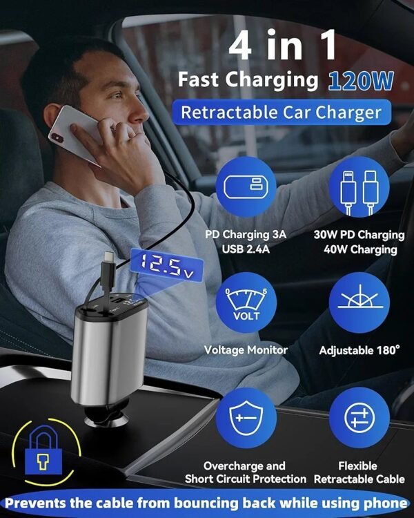 120W Retractable Car Charger 4 in 1 Car Charger Adapter with Retractable Cables and Voltage Display, for 12V / 24V Vehicles, Compatible with i-P-hone, Android, Samsung Galaxy