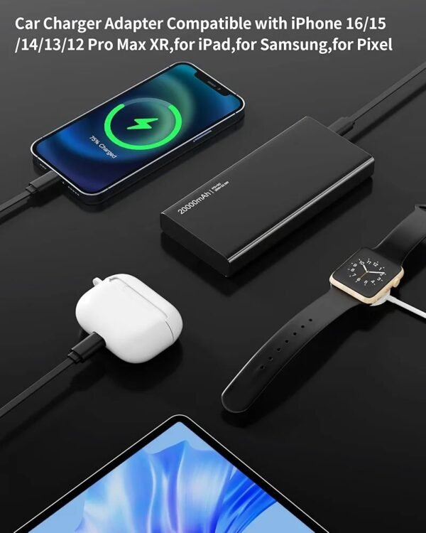 120W Retractable Car Charger 4 in 1 Car Charger Adapter with Retractable Cables and Voltage Display, for 12V / 24V Vehicles, Compatible with i-P-hone, Android, Samsung Galaxy