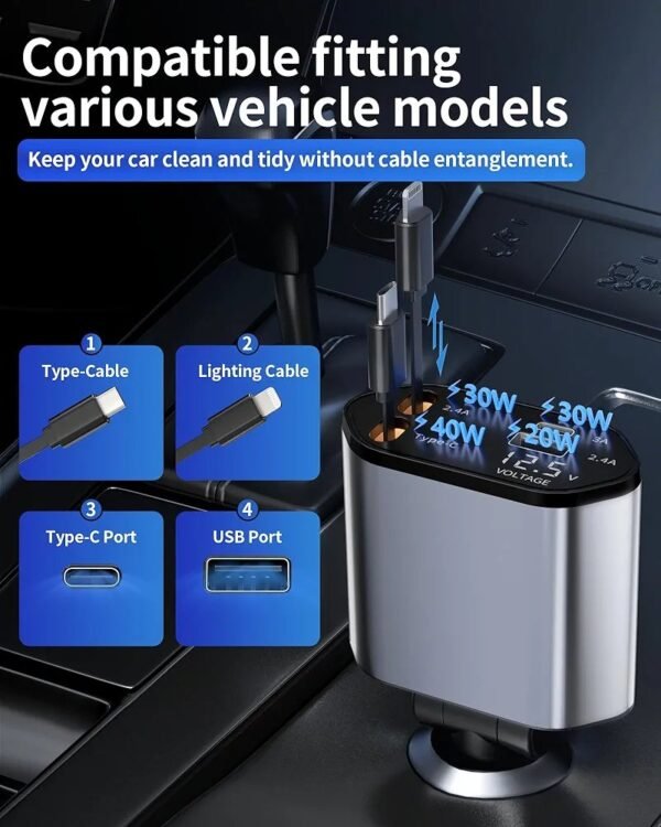120W Retractable Car Charger 4 in 1 Car Charger Adapter with Retractable Cables and Voltage Display, for 12V / 24V Vehicles, Compatible with i-P-hone, Android, Samsung Galaxy