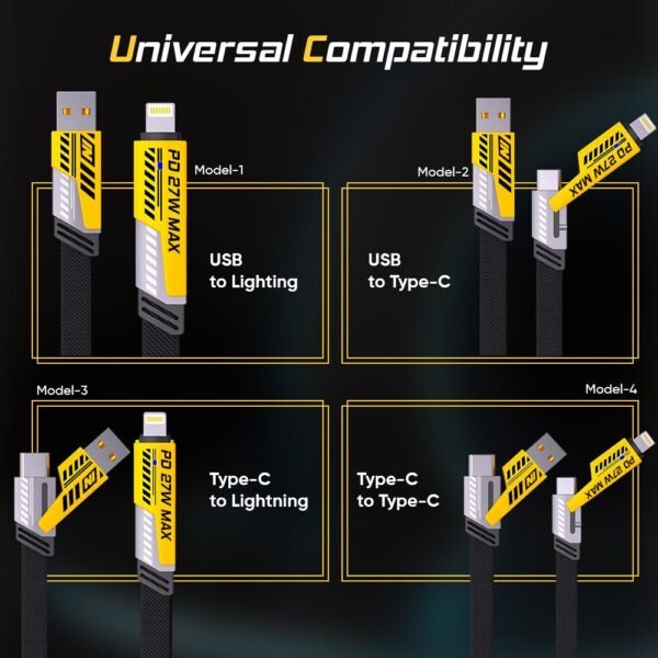 4-in-1 65W Fast Charging Data Cable with USB-A, Type-C & Lightning Connectors for High-Speed Charging & Data Transfer