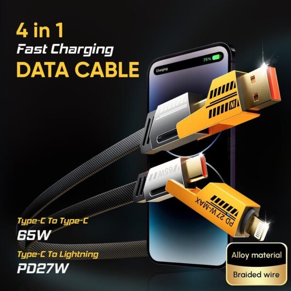 4-in-1 65W Fast Charging Data Cable with USB-A, Type-C & Lightning Connectors for High-Speed Charging & Data Transfer