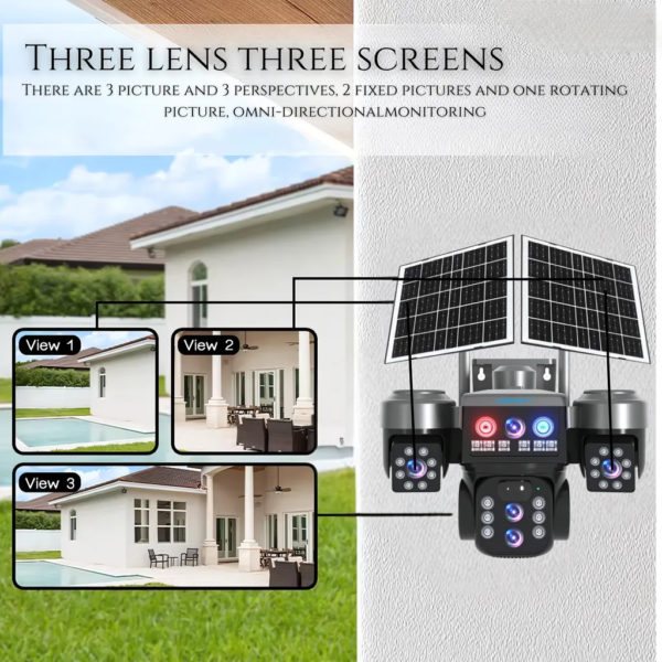 12MP 3 Lens PTZ Solar 4G Sim Outdoor CCTV Camera with 3 View | 360° | Night Vision | Motion Detection| Siren Alarm | 2 Way Audio | RGB Light | Dual Solar Panel | 4G Sim