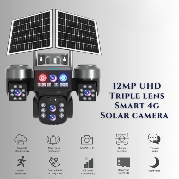 12MP 3 Lens PTZ Solar 4G Sim Outdoor CCTV Camera with 3 View | 360° | Night Vision | Motion Detection| Siren Alarm | 2 Way Audio | RGB Light | Dual Solar Panel | 4G Sim