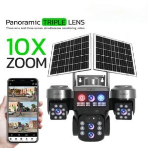 2026/01/1003379870.jpg 12MP 3 Lens PTZ Solar 4G Sim Outdoor CCTV Camera with 3 View | 360° | Night Vision | Motion Detection| Siren Alarm | 2 Way Audio | RGB Light | Dual Solar Panel | 4G Sim