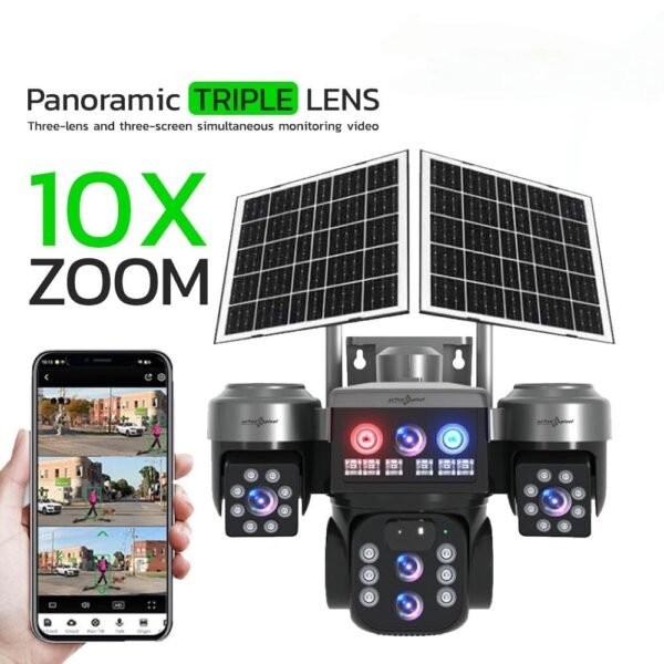 12MP 3 Lens PTZ Solar 4G Sim Outdoor CCTV Camera with 3 View | 360° | Night Vision | Motion Detection| Siren Alarm | 2 Way Audio | RGB Light | Dual Solar Panel | 4G Sim