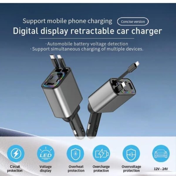 2026/01/1003417105.jpg Retractable Car Charger, 120W 5 in 1 Super Fast Charge Car Phone Charger, Retractable Cables (31.5 Inch) and1 USB and 2 Type C PortsCar Adapter