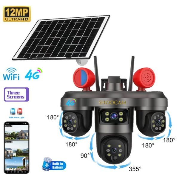 Wireless 4G IP CCTV Camera 3 Lens 3 Screens 12MP HD Outdoor Network PTZ Security CMOS SD Card Data Storage Floodlight Style