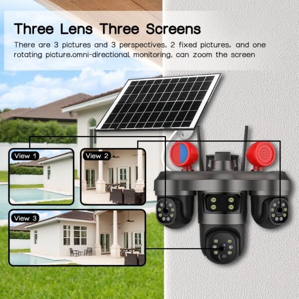 Wireless 4G IP CCTV Camera 3 Lens 3 Screens 12MP HD Outdoor Network PTZ Security CMOS SD Card Data Storage Floodlight Style