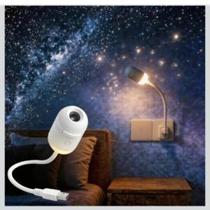 USB Mini Galaxy Projector Night Light 2-in-1 with 7 Interchangeable Slides, Warm Glow Mode, Bendable Gooseneck and Touch Switch Ideal for Workshop Benches, Hobby Tables and Craft Rooms