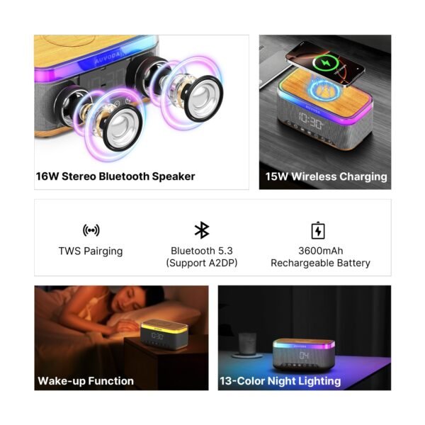 S300 16W HD Sound Bluetooth Speaker with 15W Wireless Charging, 360°RGB LED Lights, Digital Clock with Alarm Setting, Built-in White Noise, USB/SD Card/AUX in, Type C Charging