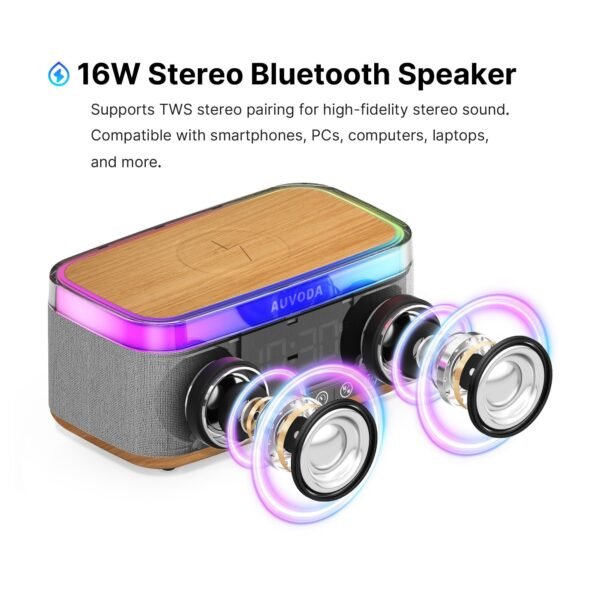 S300 16W HD Sound Bluetooth Speaker with 15W Wireless Charging, 360°RGB LED Lights, Digital Clock with Alarm Setting, Built-in White Noise, USB/SD Card/AUX in, Type C Charging