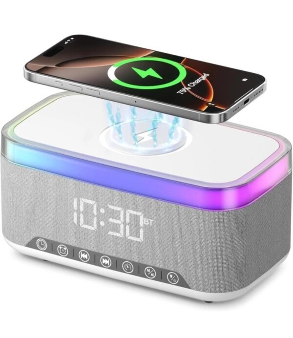 S300 16W HD Sound Bluetooth Speaker with 15W Wireless Charging, 360°RGB LED Lights, Digital Clock with Alarm Setting, Built-in White Noise, USB/SD Card/AUX in, Type C Charging