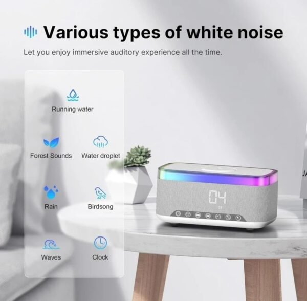 S300 16W HD Sound Bluetooth Speaker with 15W Wireless Charging, 360°RGB LED Lights, Digital Clock with Alarm Setting, Built-in White Noise, USB/SD Card/AUX in, Type C Charging