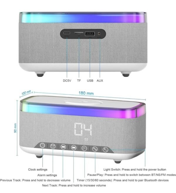 S300 16W HD Sound Bluetooth Speaker with 15W Wireless Charging, 360°RGB LED Lights, Digital Clock with Alarm Setting, Built-in White Noise, USB/SD Card/AUX in, Type C Charging