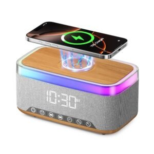 S300 16W HD Sound Bluetooth Speaker with 15W Wireless Charging, 360°RGB LED Lights, Digital Clock with Alarm Setting, Built-in White Noise, USB/SD Card/AUX in, Type C Charging
