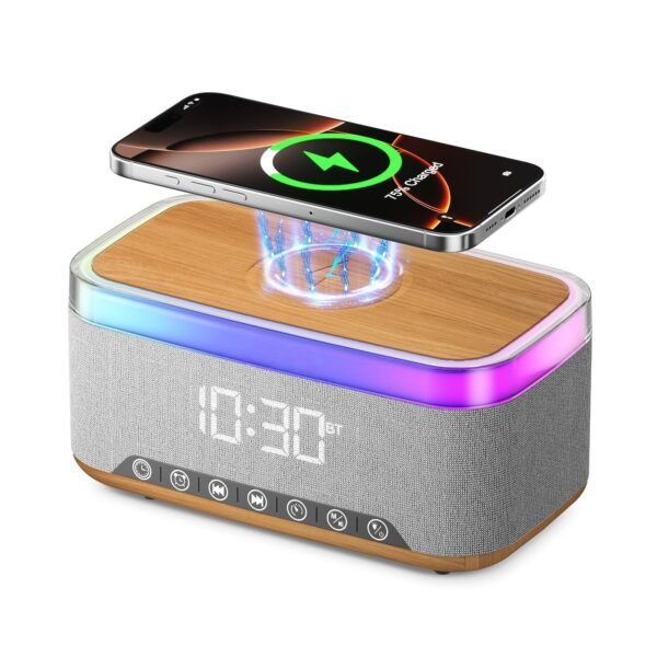 S300 16W HD Sound Bluetooth Speaker with 15W Wireless Charging, 360°RGB LED Lights, Digital Clock with Alarm Setting, Built-in White Noise, USB/SD Card/AUX in, Type C Charging